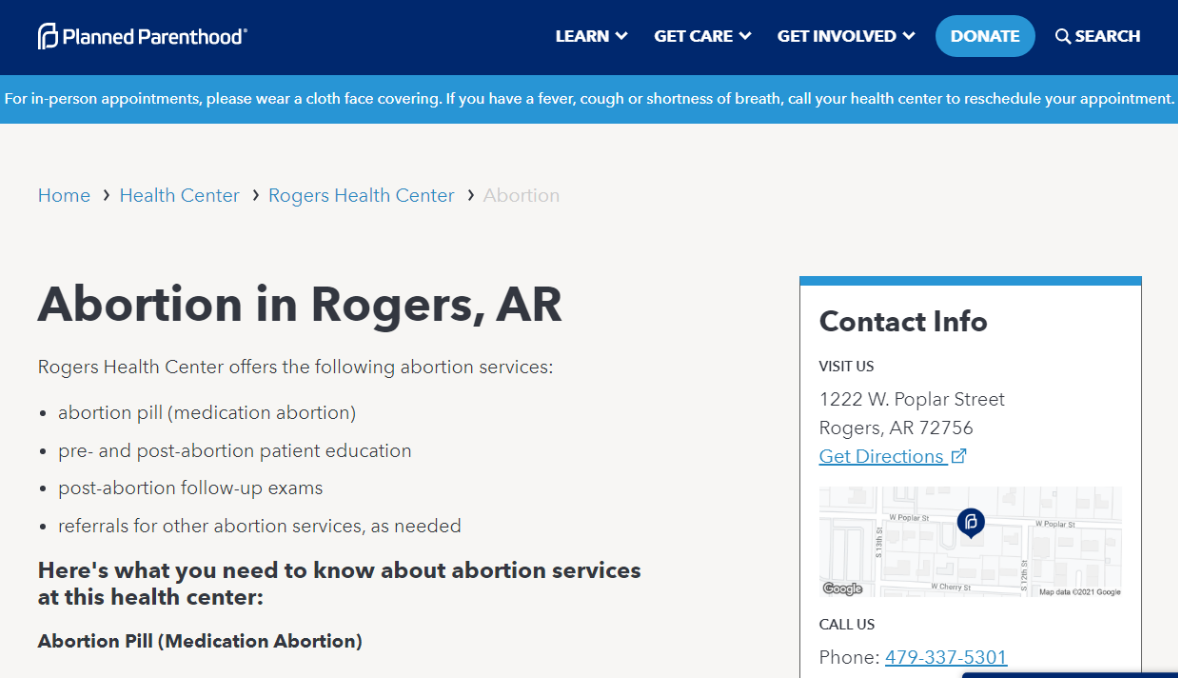 Planned Parenthood site Says Facility in Rogers Will Be Abortion