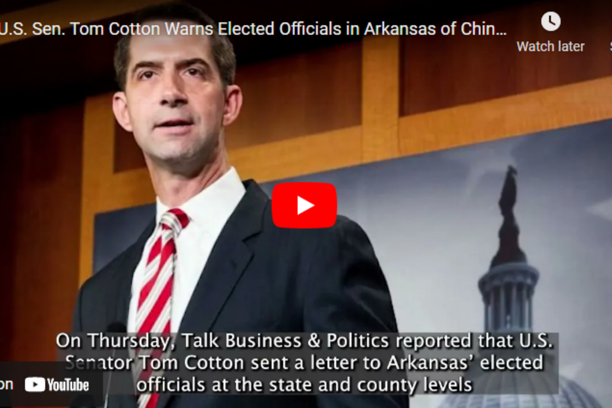 Video: Sen. Cotton Warns Arkansans Against Chinese Communist Influence