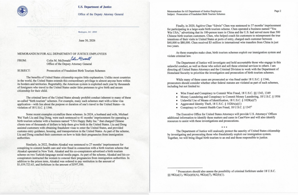 U.S. Department of Justice Memo Directs Prosecutors to Address Fraudulent “Birth Tourism”
